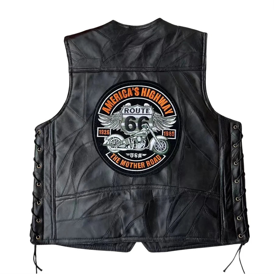 Embroidered Men Motorcycle Leather Vest Punk Sleeveless Jacket Riding Biker Waistcoat Men's Clothing Black Streetwear Big Size