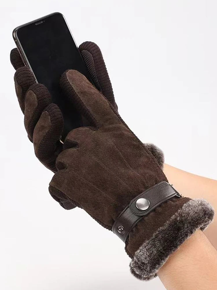 Men's Pigskin Touchscreen Gloves, Fleece-Lined, Thickened for Winter, Windproof Motorcycle Riding Cold-Resistant Gloves