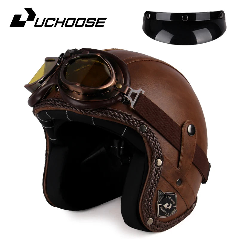 UCHOOSE Retro Motorcycle Helmet PU Leather Open Face 3/4 Chopper Bicycle Helmets Classic Casco Moto Vintage