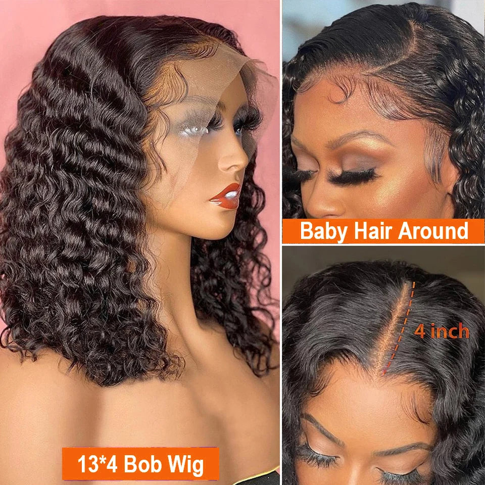 Deep Wave 13x4 Lace Frontal Bob Wig 250% Density Brazilian PrePlucked 100% Glueless Human Hair Wig Water Wave Invisible Lace Wig
