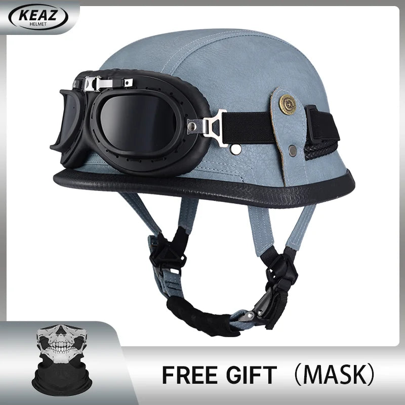 Factory Price Motorcycle German Style Leather Half Face Helmet DOT Approved Cap1/2 Shell Helmets+Goggles Open-Face Casque