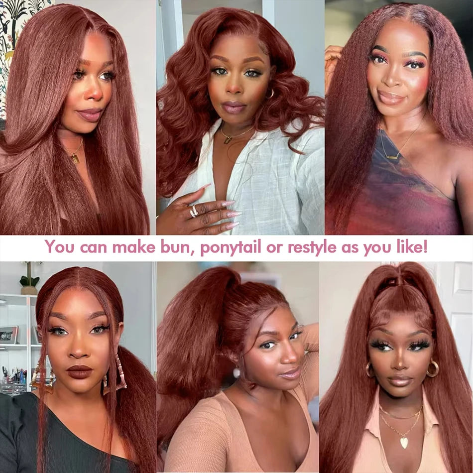 Kinky Straight Closure 4x4 Human Hair Wig Reddish Brown Lace Front Wig Human Hair  13x4 HD Lace Wig 200 Density Brazilian Hair