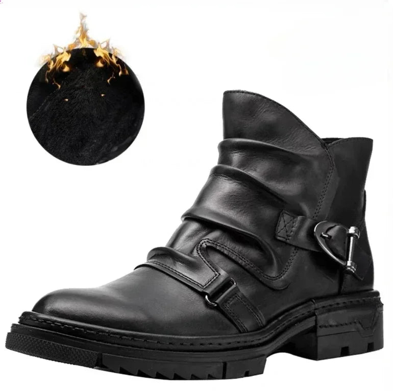 HOT Handmade Motorcycle Riding Shoes Casual Genuine Leather Chelsea Boots for Men Retro Fashion Buckle Zip Short Moto Boots