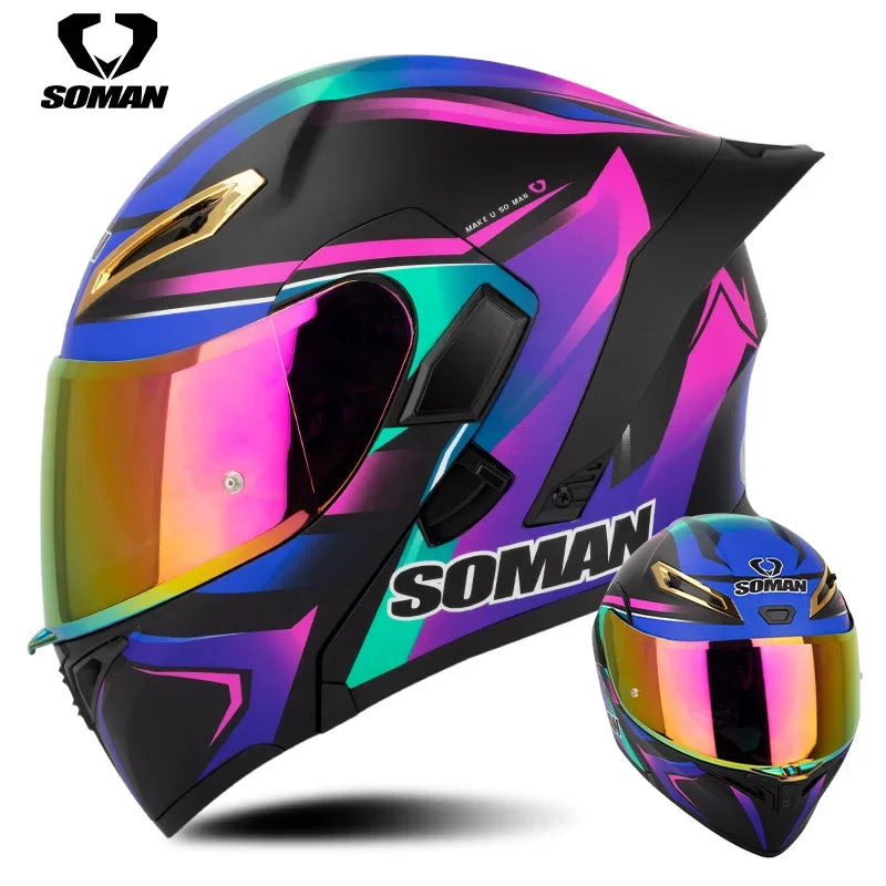 SOMAN Full Face Helmet Dual Lens Flip Up Motorcycle Helmets Casco Accessories Men Women Casque Moto Racing DOT Approved Visor
