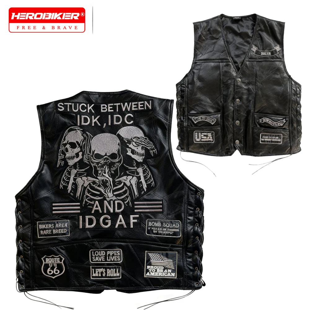 Retro Motorcycle Jacket Man Vintage Moto Vest Genuine Leather Racer Clothing Biker Motorbike Waistcoat Embroidered Sleeveless