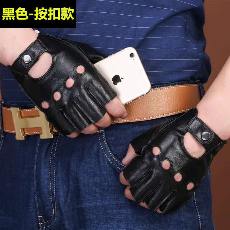 Genuine leather gloves with half finger breathable retro motorcycle wear resistant fitness outdoor motorcycle riding gloves