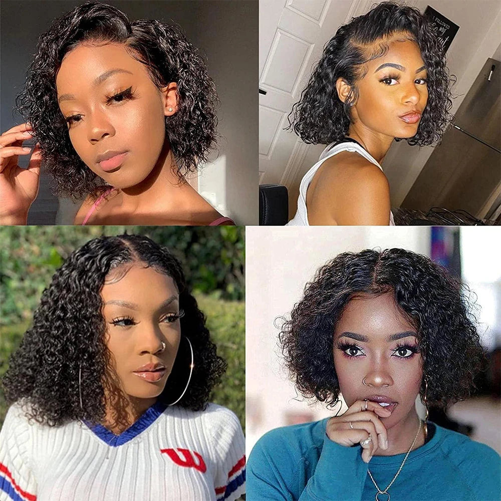 200 Density Remy Water Wave Curly Short Bob Wig Deep Wave 13x4 Lace Frontal Human Hair Wigs Cheap Wigs For Women 8-14 Inches