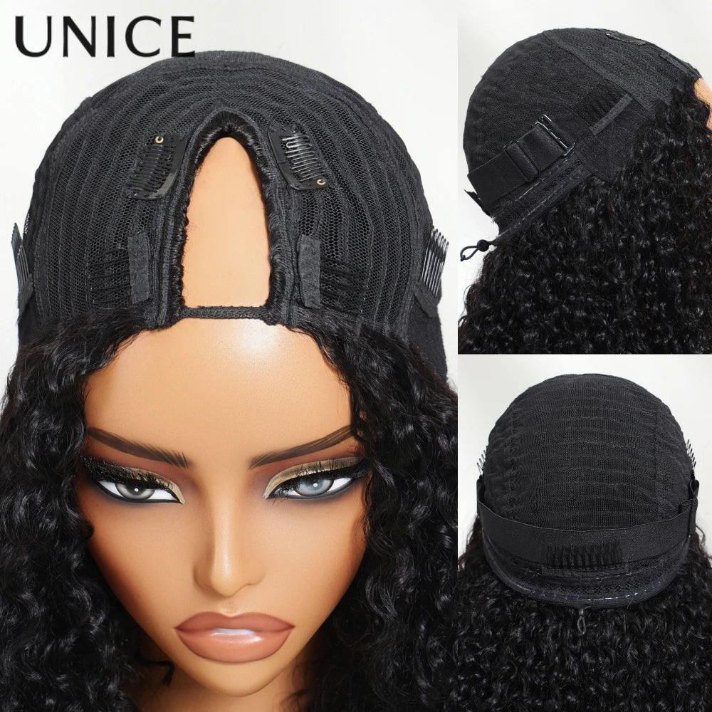 UNice Burmese Curly V Part Wig With Finger Coil Ends & Invisi Drawstring 100% Human Hair Glueless Wigs For Beginners