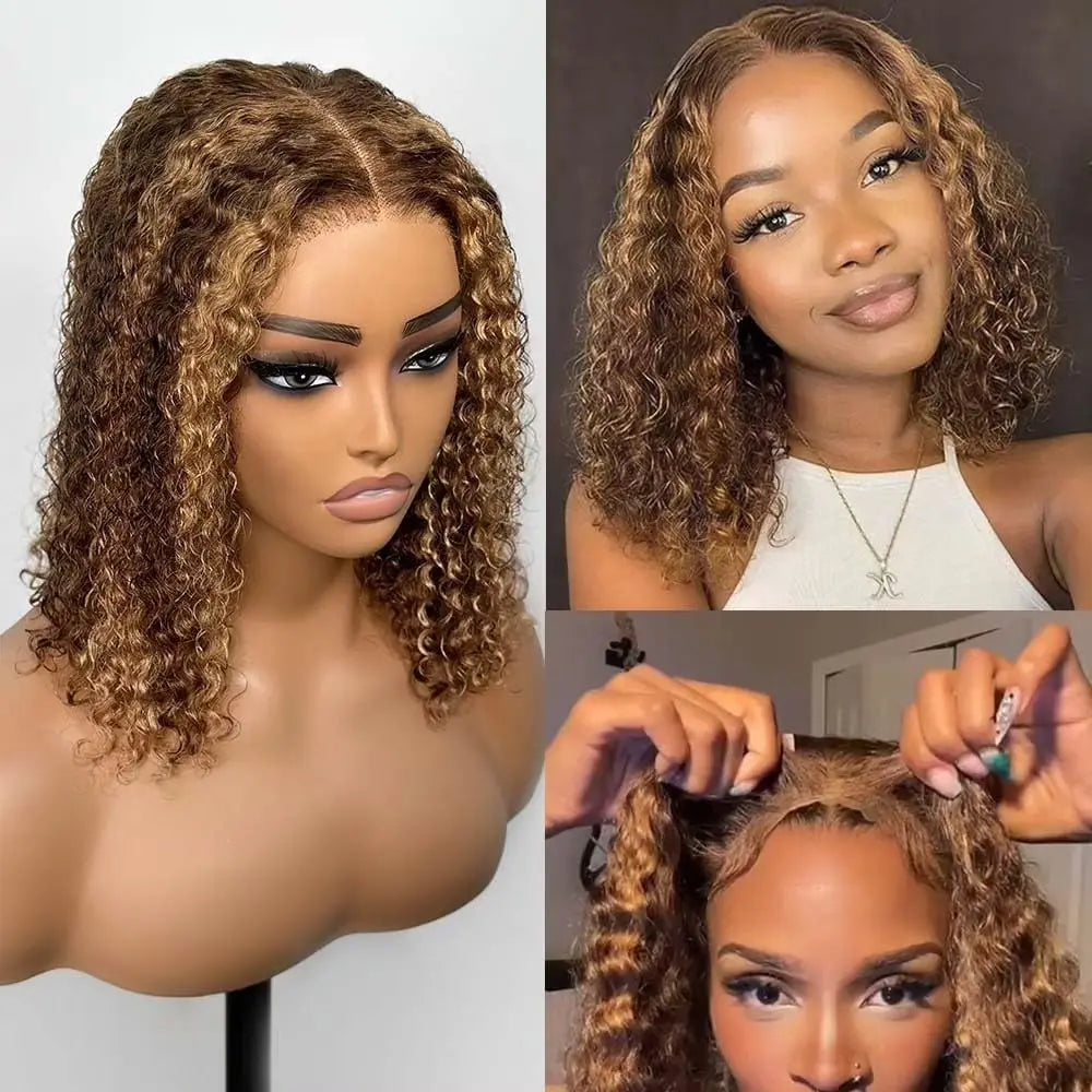 Highlight Color Short Bob Wig Deep Culry 13x4 Lace Frontal Human Hair Wigs 220% Density #4/27 Highlight Brown Deep Curly Bob Wig