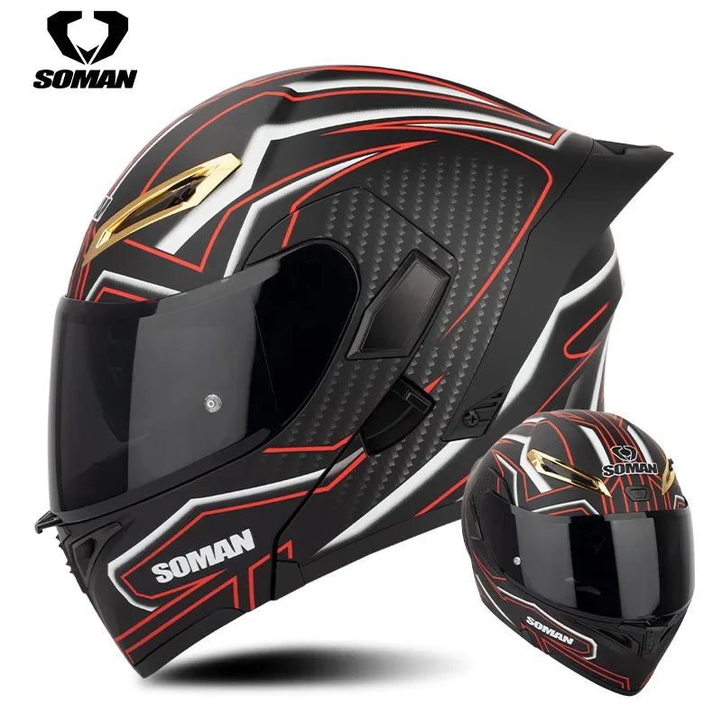 SOMAN Full Face Helmet Dual Lens Flip Up Motorcycle Helmets Casco Accessories Men Women Casque Moto Racing DOT Approved Visor