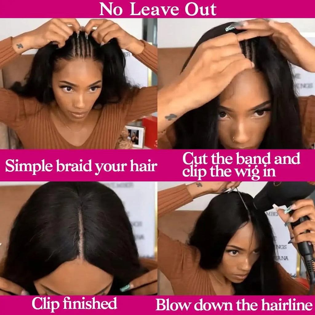 V Part Wigs Human Hair Straight Human Hair Wigs No Leave Out No Sew-In Glueless 220 Density Natural Black Beginner Friendly