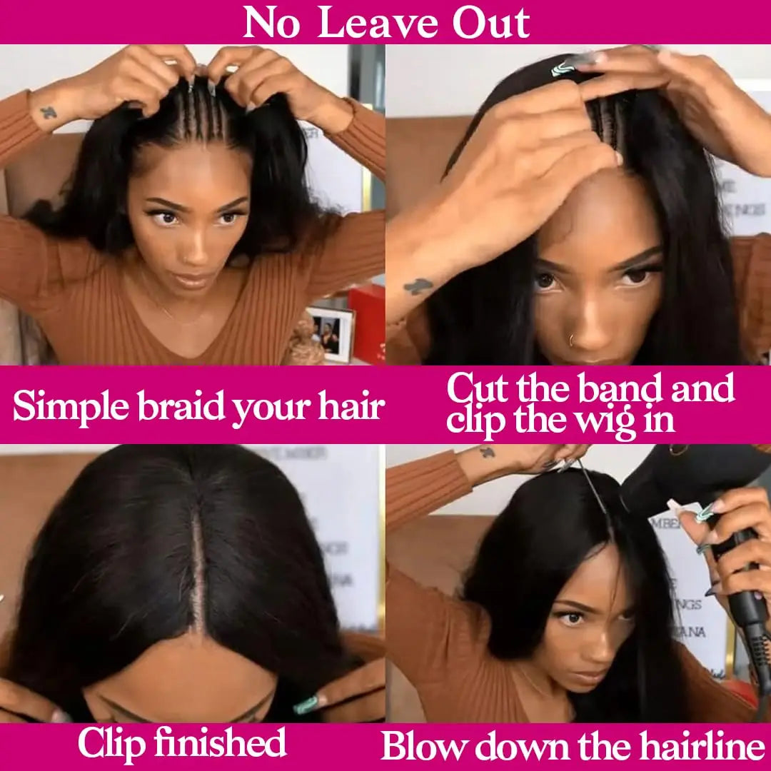 V Part Wigs Human Hair Straight Human Hair Wigs No Leave Out No Sew-In Glueless 220 Density Natural Black Beginner Friendly
