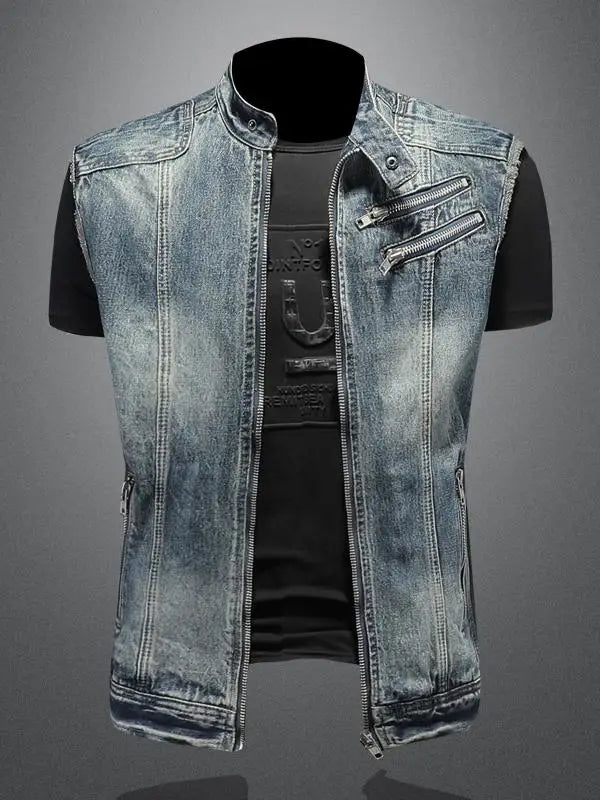 Retro Denim Motorcycle Riding Vest Men's Fashion Spring Autumn New Style Sleeveless Biker Vest Harley Riding Jacket