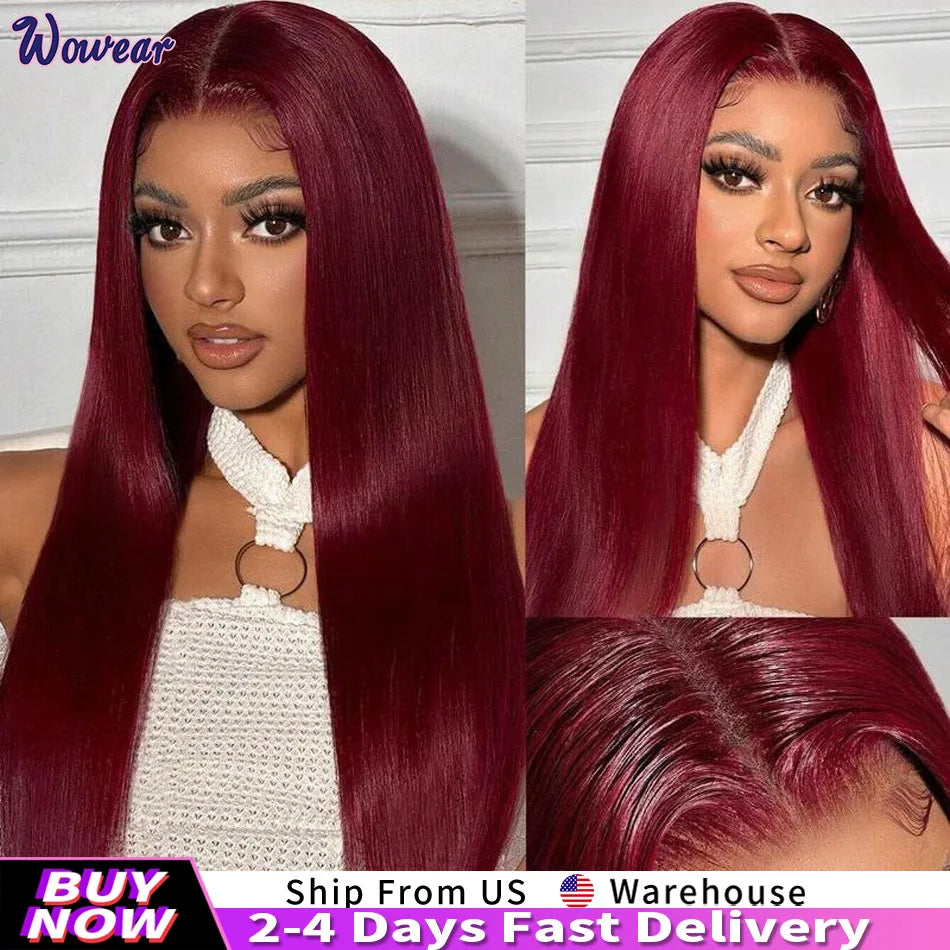 99J Red Burgundy Colored Lace Frontal Human Hair Wigs 13X6 HD Straight Lace Front Wig 200 Density Pre Plucked Human Hair Wig