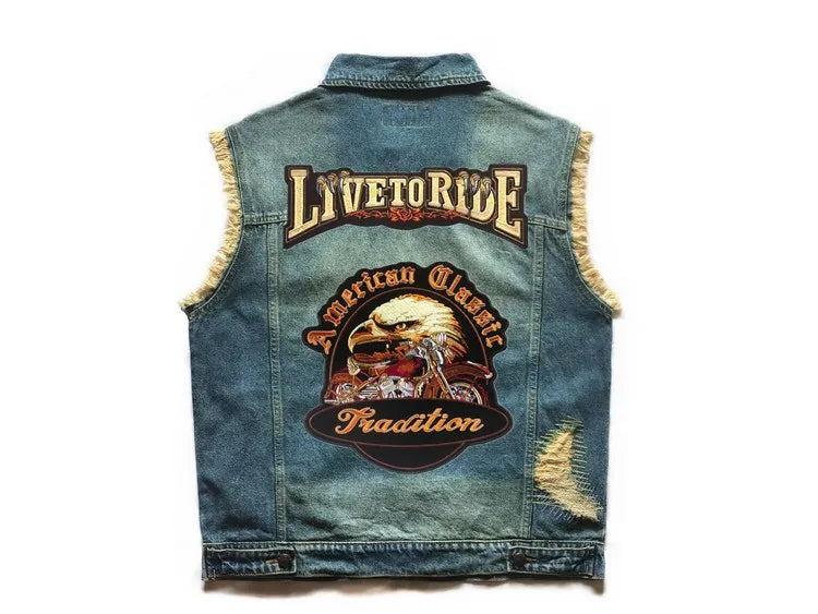 Embroidered Denim vest blue Jeans Patchwork Motorcycle Biker Jeans Sleeveless jacket punk Cowboy Fashion vest live to ride 6XL
