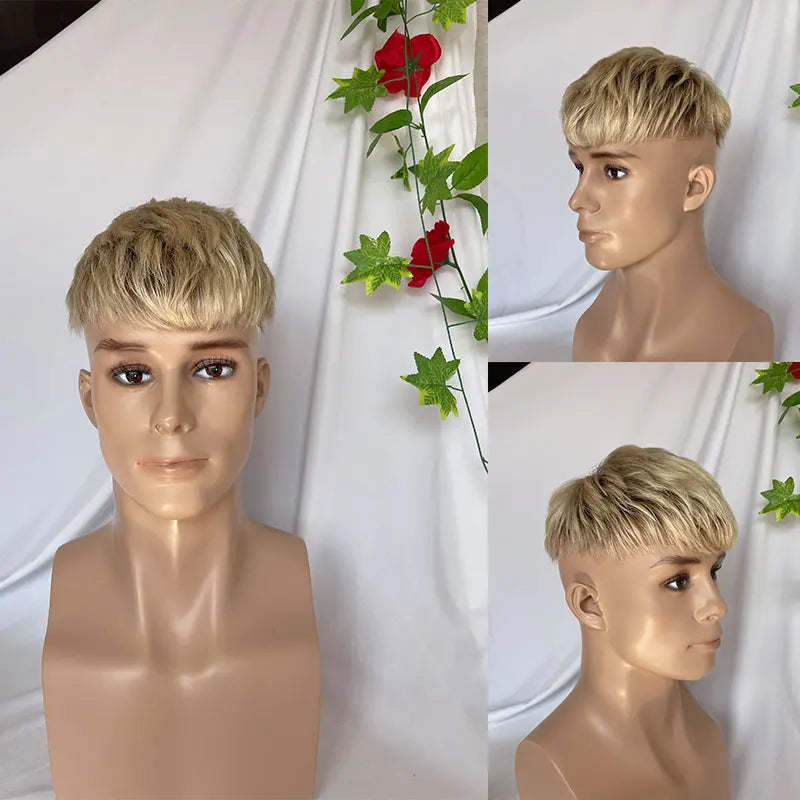 Men's 3Inch Cut Short Hair Toupée Human Hair Wig Swiss Lace Frontal PU Hairpieces 8x10 Omber 613# Color Systems Black Hairpiece