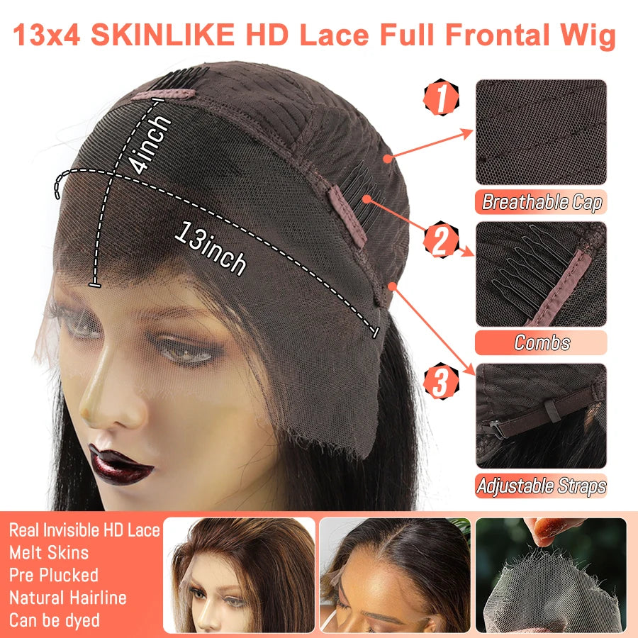 250% 13x4 HD Transparent Lace Frontal Human Hair Wigs Silky Straight Pre Plucked 100% Human Hair Melt Skins Brazilian Remy Hair