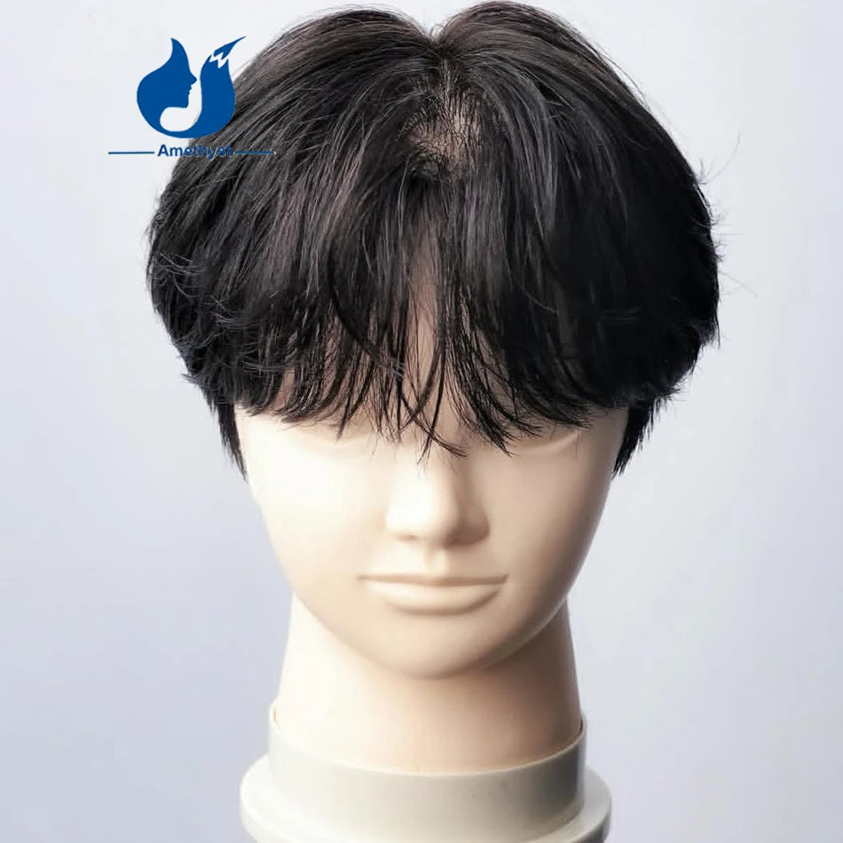 Amethyst Black Straight Short Pixie Cut Wig for Men Human Hair with Bangs Pre Plucked Full Lace Wig with Sideburns Pre Styled