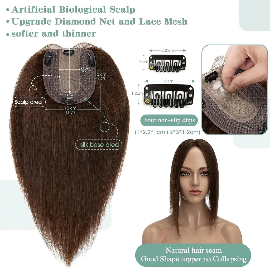 Women Topper Human Hair Straight Silk Top Human Hair Wigs Machine Made Clip in Remy Hair Toupee Silk Base Human Hair System Unit