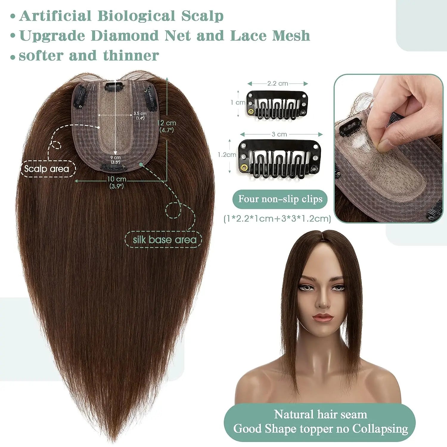 Women Topper Human Hair Straight Silk Top Human Hair Wigs Machine Made Clip in Remy Hair Toupee Silk Base Human Hair System Unit