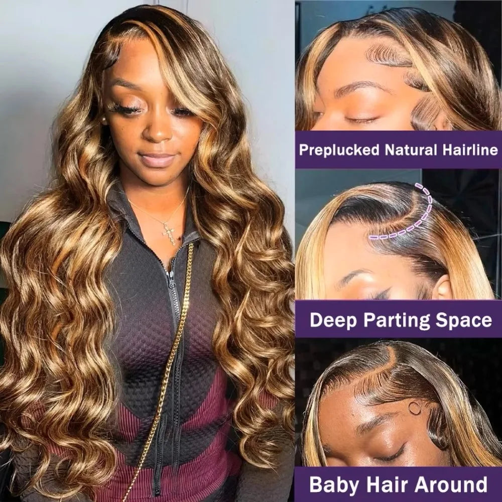 220% Density Lace Front Wigs Human Hair Body Wave P4/27 Highlight 13x4 13x6 HD Lace Frontal Colored 30 36 Inch Human wig