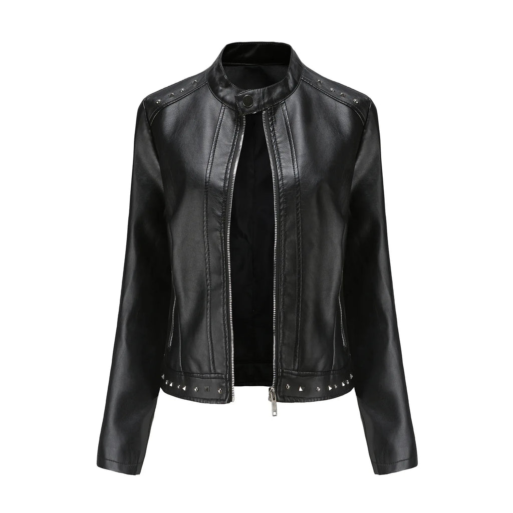 Women's Riveted Leather Coat with Standing Collar, Casual Jacket, Motorcycle Clothing, 5XL, Zipper leather jacket motorcycle top