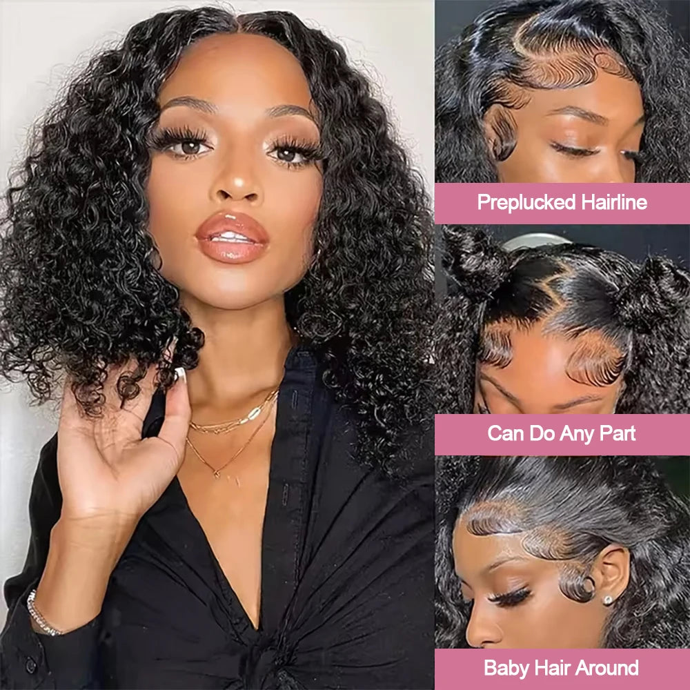 Curly 250% Bob Wig Human Hair Wigs Wear Go 13x4 Glueless Wig Deep Wave 7x5 HD Lace Closure Wigs 250%  Ready To Go With Baby Hair