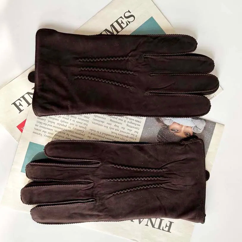 Men Retro Sheepskin Suede Leather Gloves Winter Warm Full Finger Dark Brown Gloves Riding Motorcycle Gloves