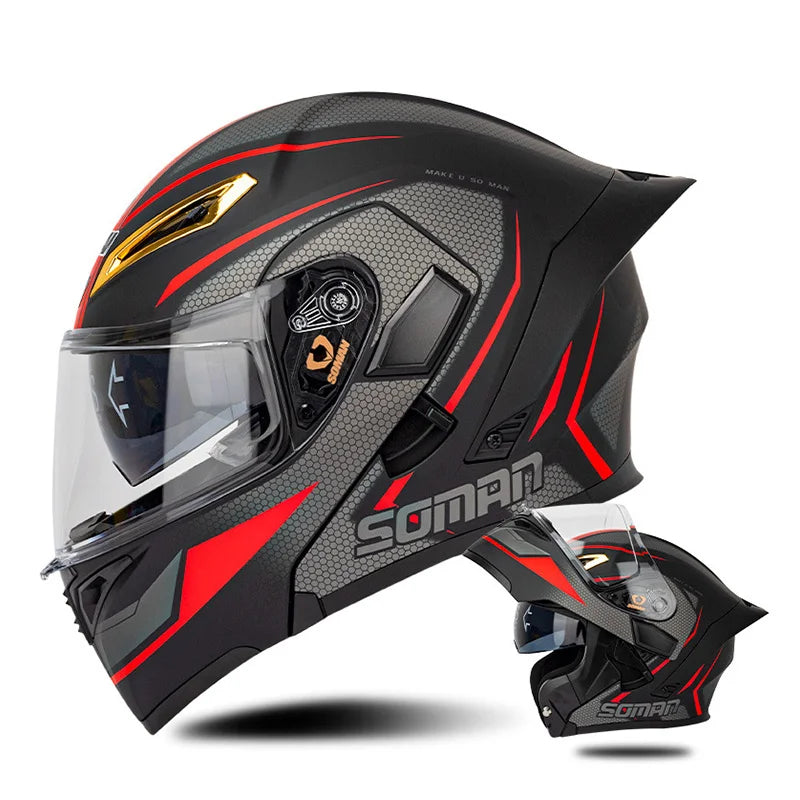 DOT Approved Men Motorcycle Helmet Dual Lens Flip Up Helmets Vintage Retro Full Face Moto Helmet Double Lens Modular Helm