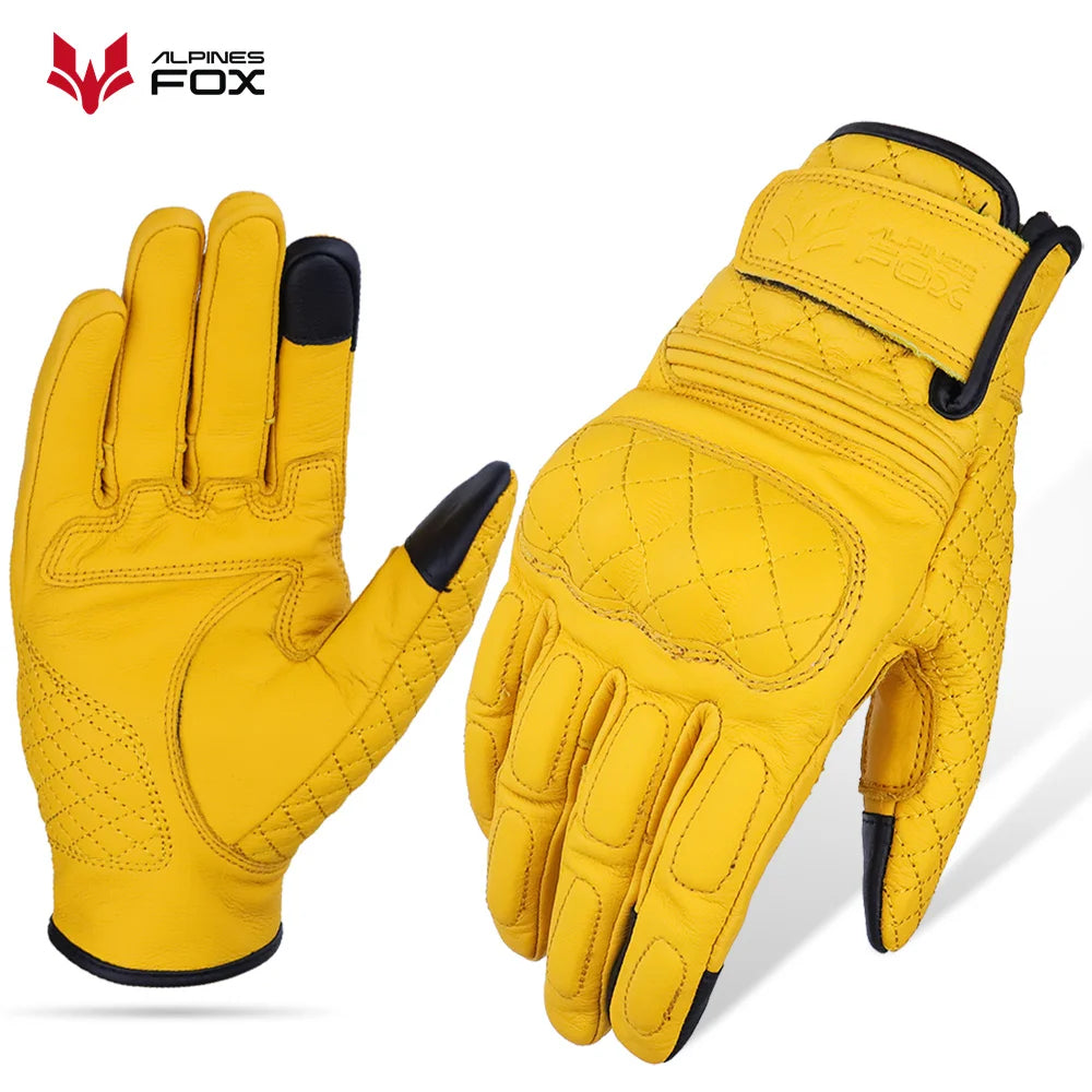 Retro Motorcycle Gloves Real Leather Full Finger Black Yellow Men Women Protective Gear Motorbike Glove Touch Screen Guante Moto
