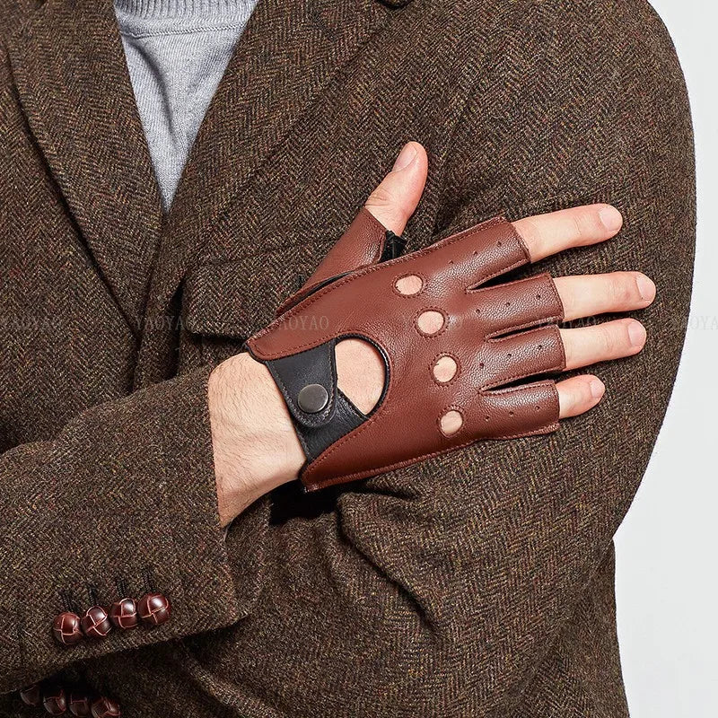 Spring Male100% Pure Real Leather Half Finger Thin Gloves Man Genuine Sheepskin Red/Brown/Blue Driving Riding Luvas Guantes