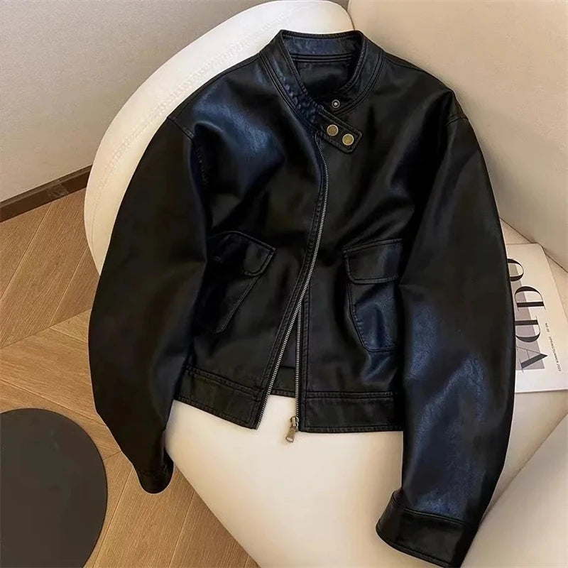 All-match Casual PU Short Leather Jacket 2025 New Spring Autumn Motorcycle Clothing Retro Fashion Women Coat White Black Outwear