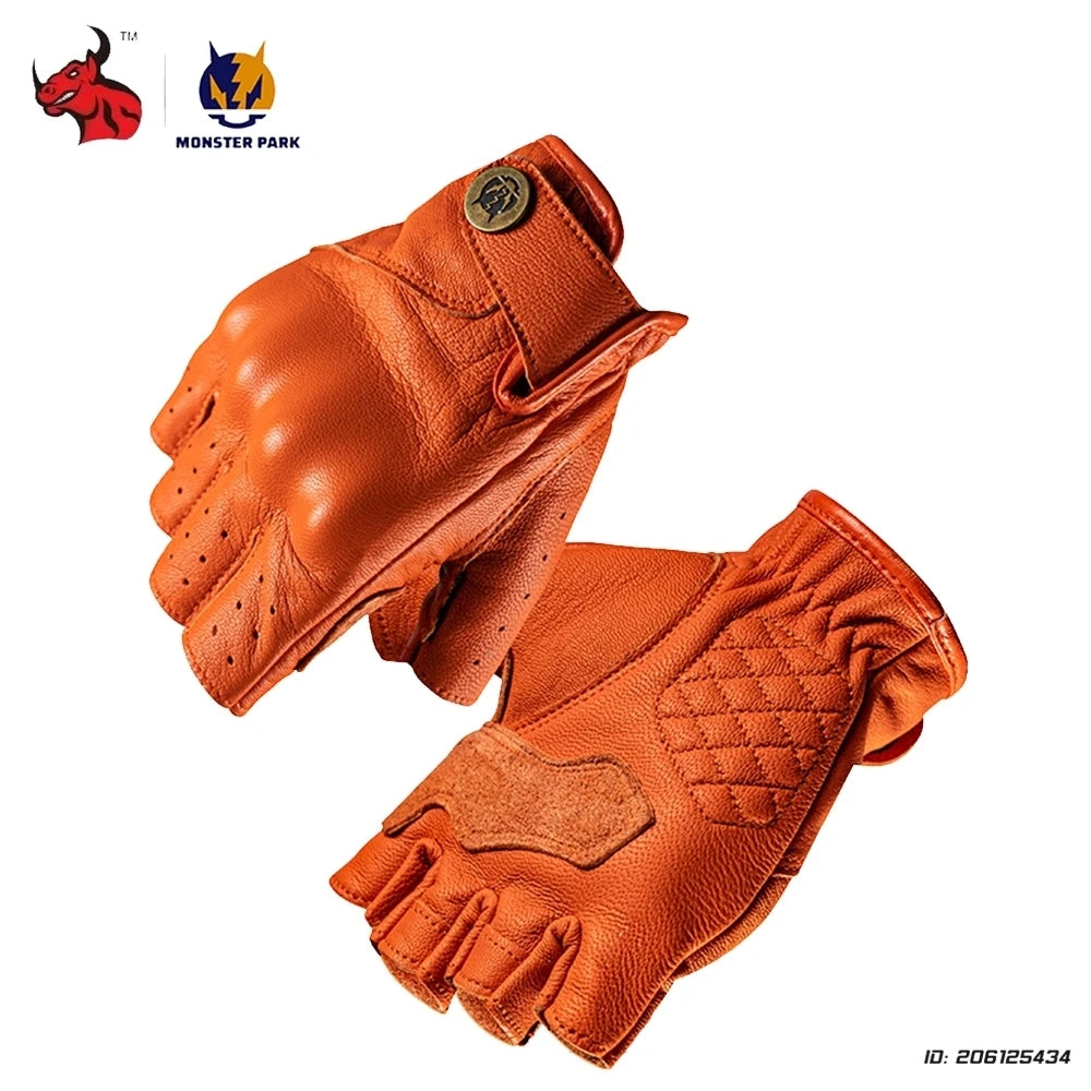 Vintage Motorcycle Fingerless Gloves Half Finger Motorcycle Gloves Leather Moto Guantes Cycling Biker Motocross Racing Gloves