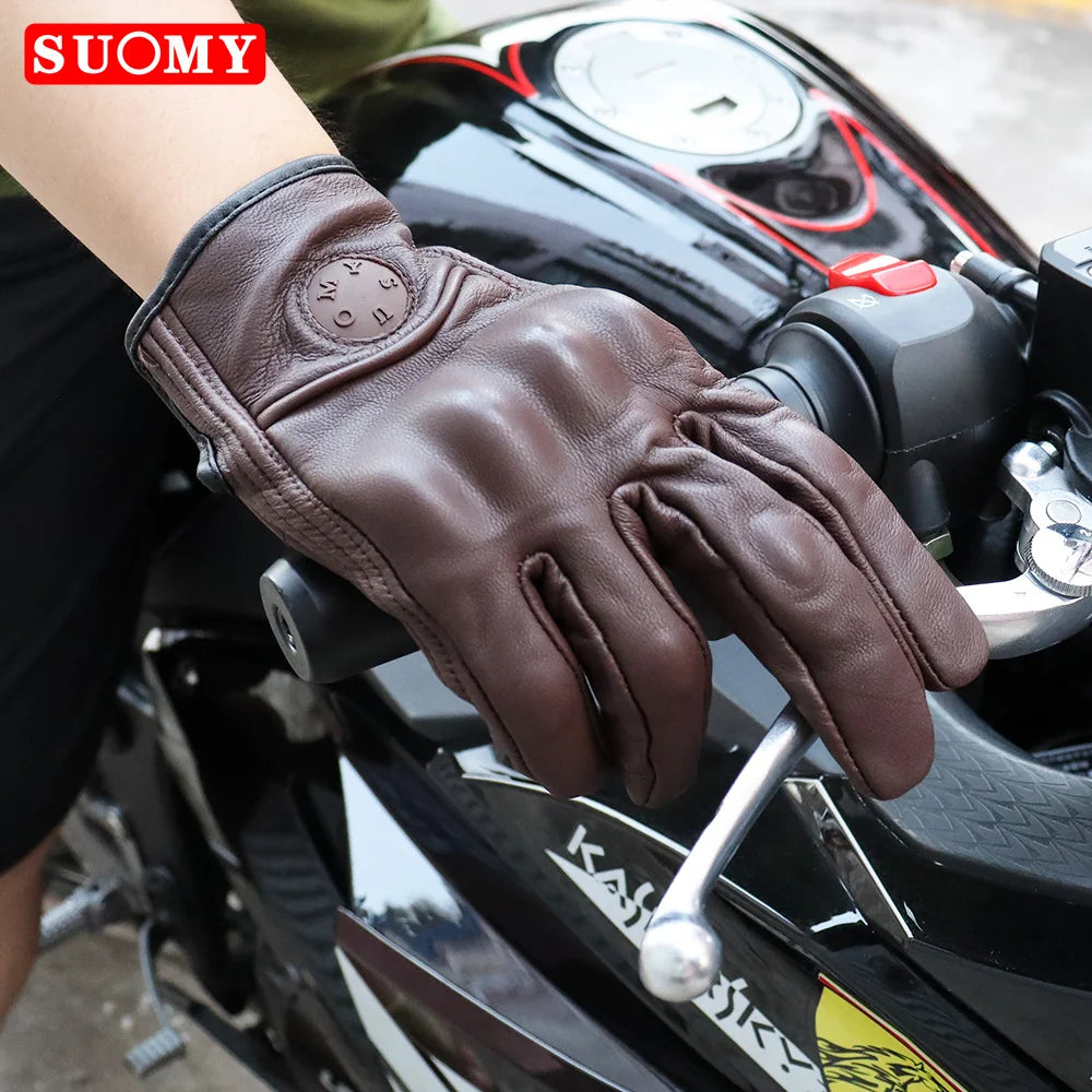 Suomy Vinatge Goatskin Motorcycle Gloves Summer Men Brown Retro Leather Motorbike Motocross Glove Lady Motorcyclist Guantes
