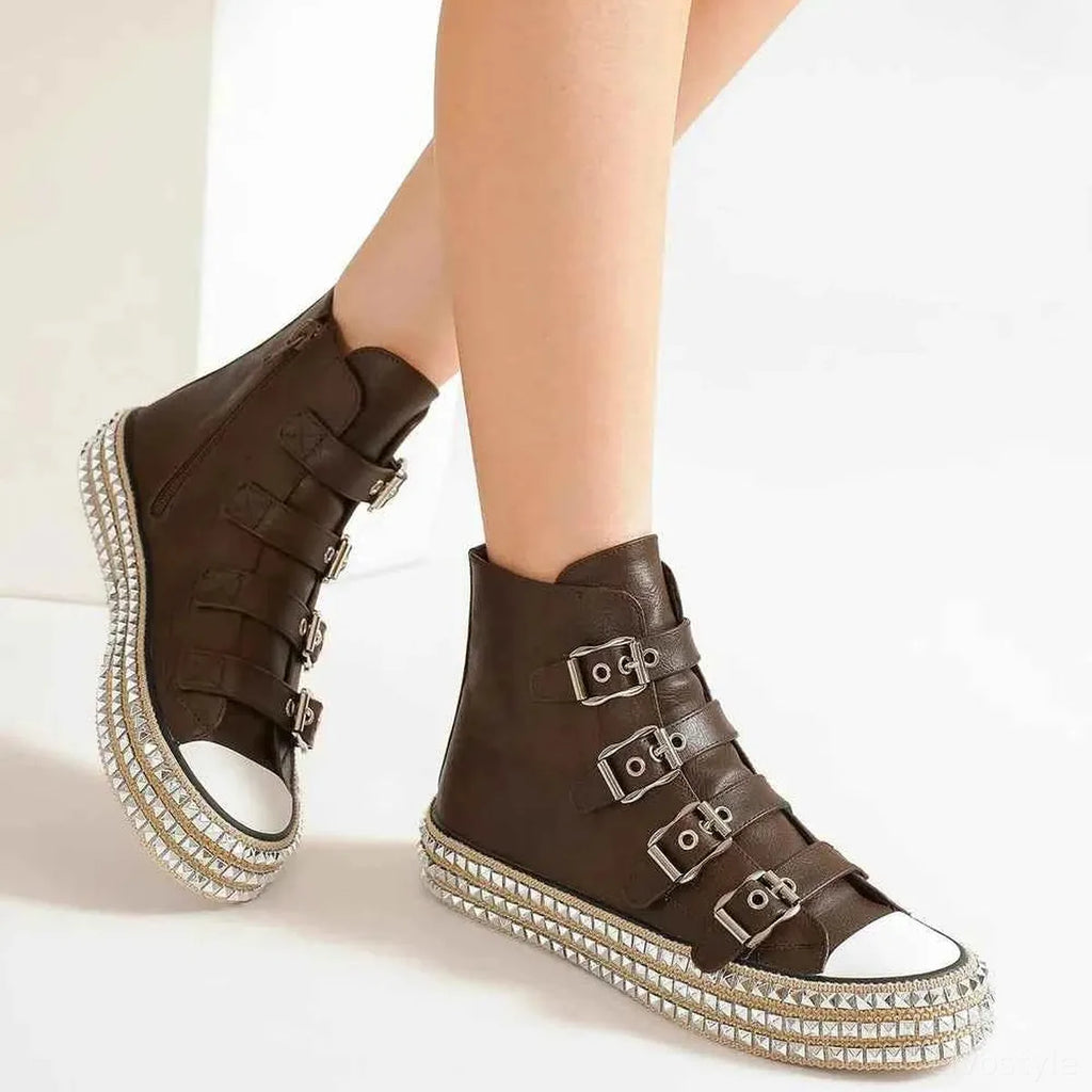 Trendy Punk-Inspired Multi-Buckle Studded Platform Sneakers