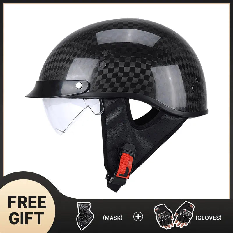 Light Weight 12K Gloss Black Carbon Fiber Scooter Motorcycle Half Face Helmet Motobike Helmet Inner Dark and Clear Lens