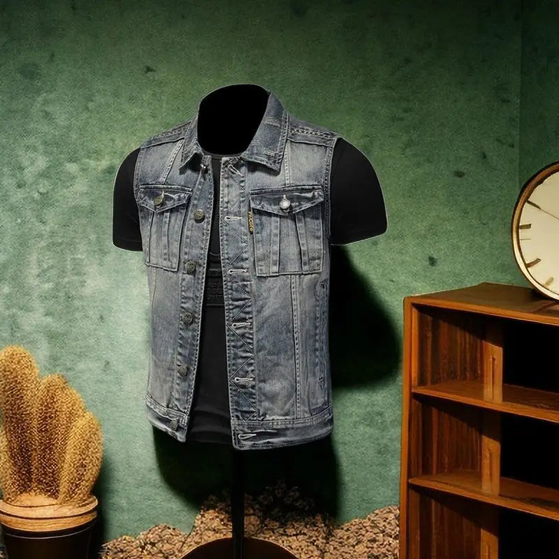 Men's denim jackets vintage fashion streetwear motorcycle riding jersey vests high street fashion versatile denim vests menswear