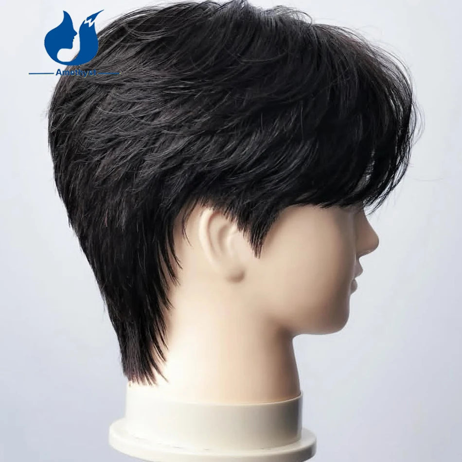 Amethyst Black Straight Short Pixie Cut Wig for Men Human Hair with Bangs Pre Plucked Full Lace Wig with Sideburns Pre Styled