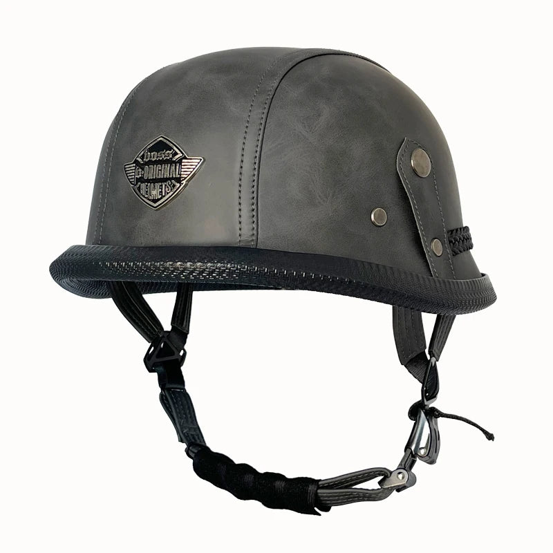 Vintage leather WWII-style black riding helmet, unisex open-face half helmet for German motorcycles, factory direct sales.