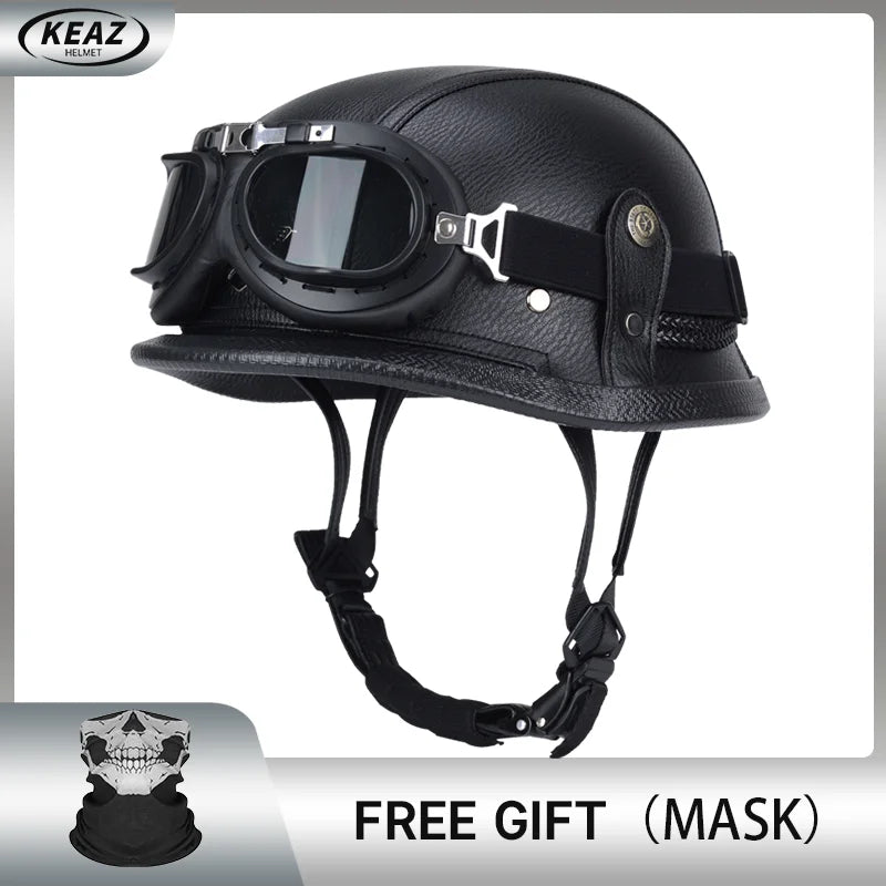Factory Price Motorcycle German Style Leather Half Face Helmet DOT Approved Cap1/2 Shell Helmets+Goggles Open-Face Casque