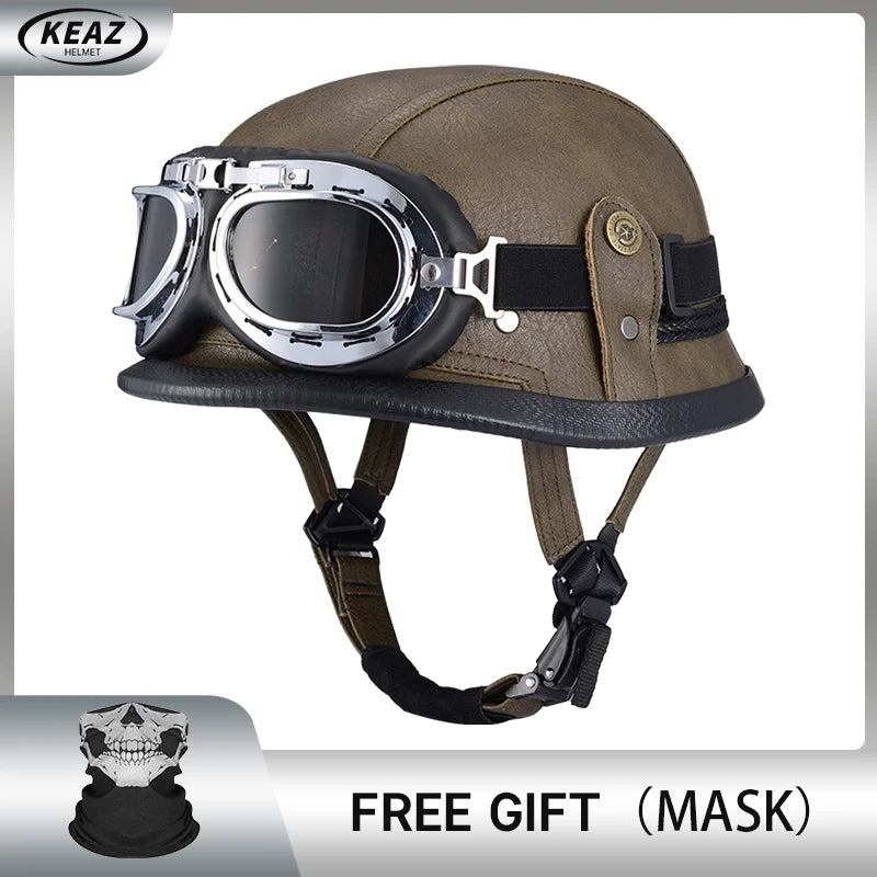 Factory Price Motorcycle German Style Leather Half Face Helmet DOT Approved Cap1/2 Shell Helmets+Goggles Open-Face Casque