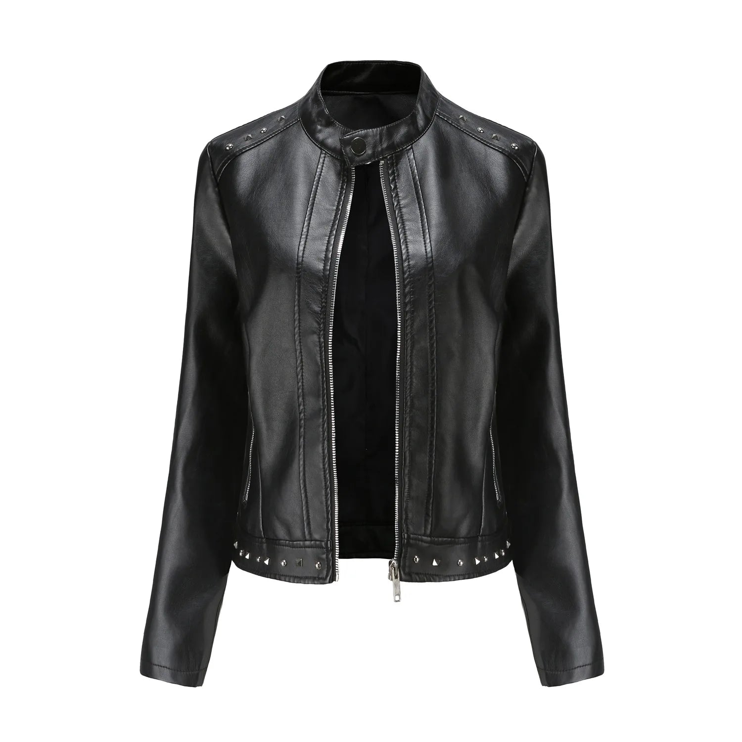 Women's Riveted Leather Coat with Standing Collar, Casual Jacket, Motorcycle Clothing, 5XL, Zipper leather jacket motorcycle top