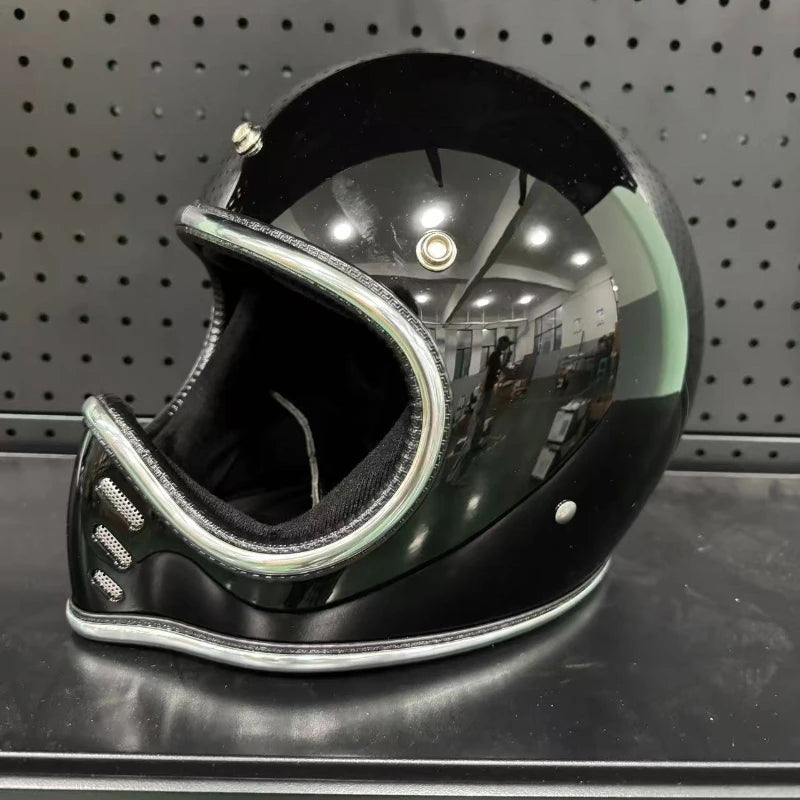 Pointed Nose Small Helmet Chrome Silver Rim Retro Motorcycle Fiberglass Helmet Four Season Full Face Helmet for Honda casco moto