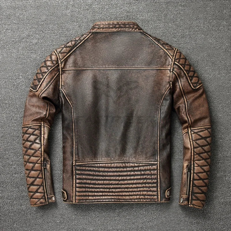 NEW Men's Vintage Motorcycle Jacket Stand Collar Natural Cowhide Jacket Classic Top Layer Cowhide Moto Suit Biker Clothing