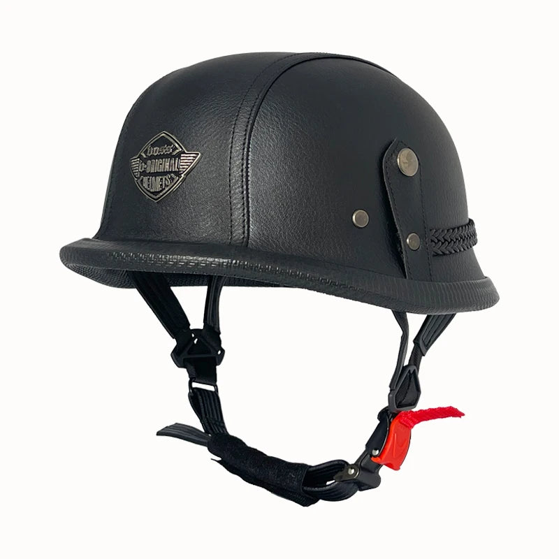 Vintage leather WWII-style black riding helmet, unisex open-face half helmet for German motorcycles, factory direct sales.