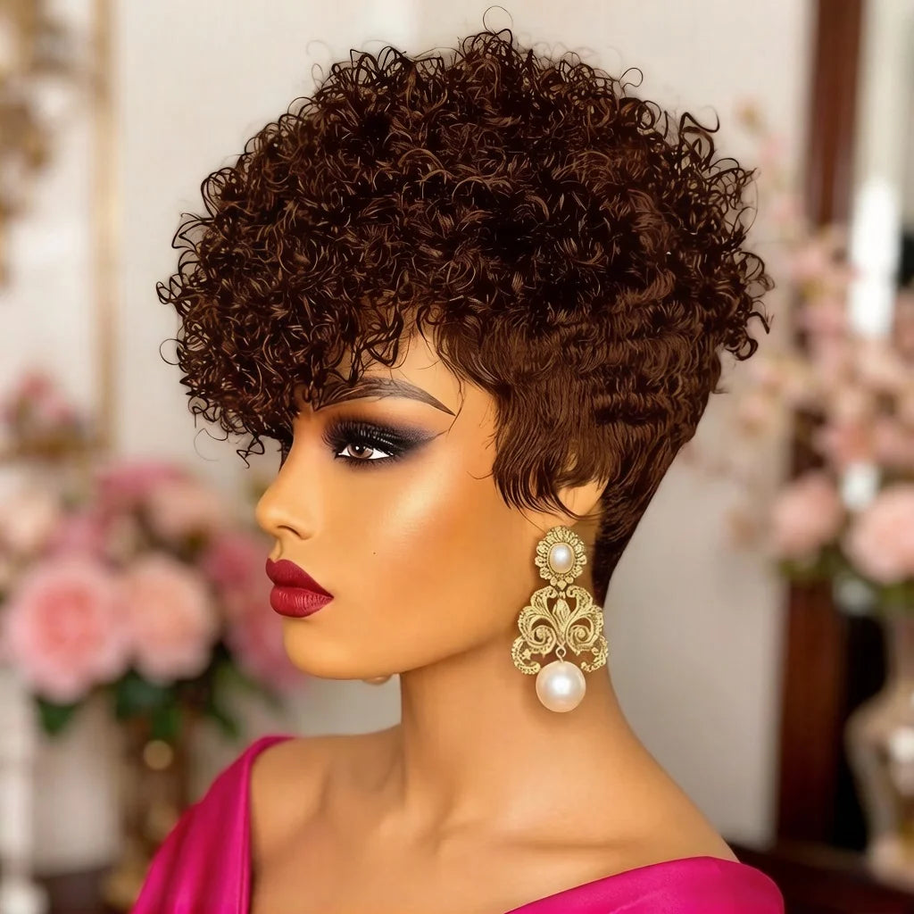 Natural Black Short Pixie Cut Wig Curly Human Hair Wig with Pre Plucked Bangs for Women Brazilian Hair Machine Made Wig