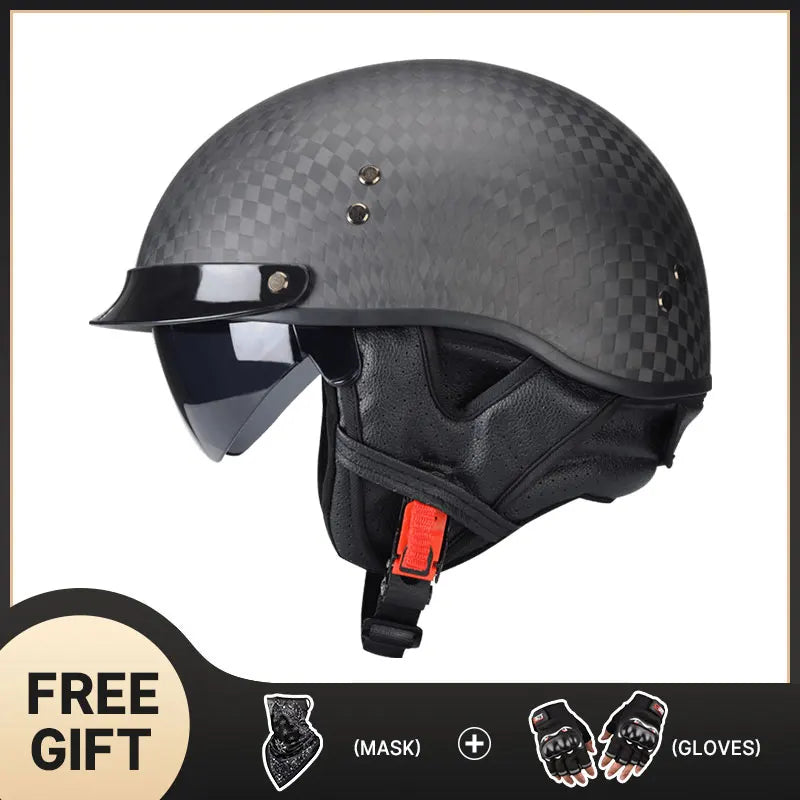 Light Weight 12K Gloss Black Carbon Fiber Scooter Motorcycle Half Face Helmet Motobike Helmet Inner Dark and Clear Lens