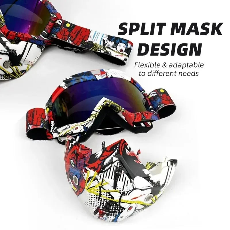 Motorcycle Glasses Riding Glases with Removable Face Mask, Removable Anti-fog Glasses, Mouth Filter, Adjustable Anti-slip Strap