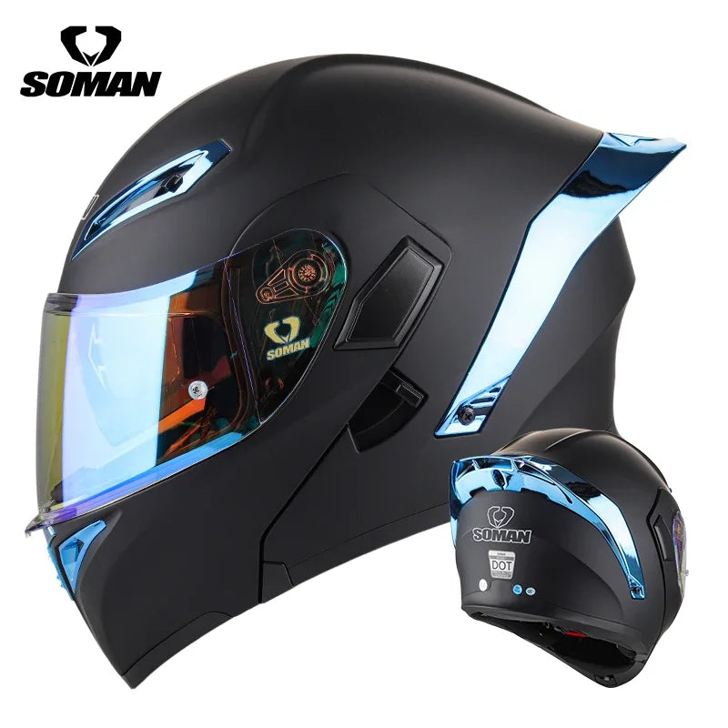 SOMAN Full Face Helmet Dual Lens Flip Up Motorcycle Helmets Casco Accessories Men Women Casque Moto Racing DOT Approved Visor