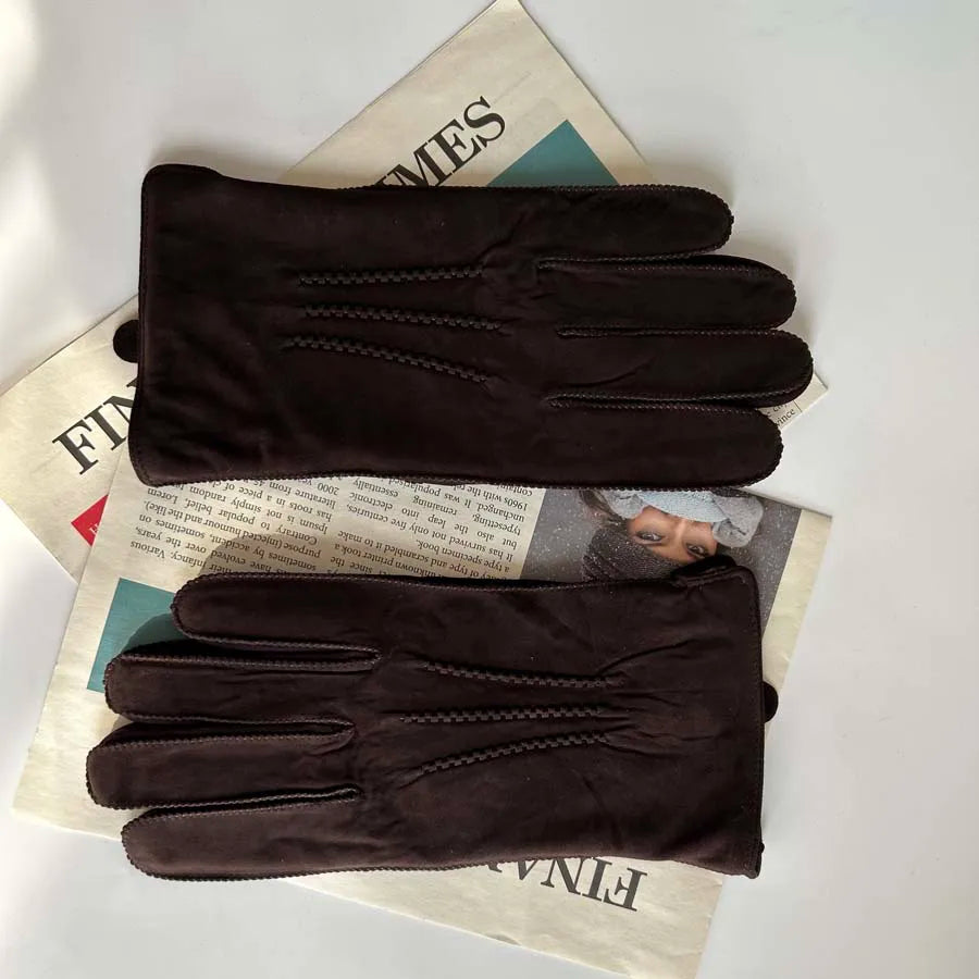 Men Retro Sheepskin Suede Leather Gloves Winter Warm Full Finger Dark Brown Gloves Riding Motorcycle Gloves